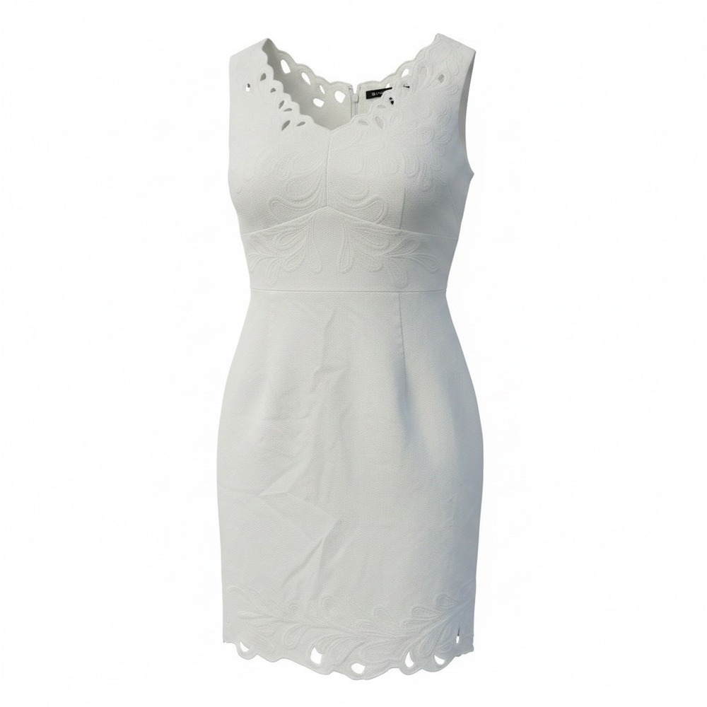 Tahari Womens White Sleeveless Floral Embroidered Scalloped Hem Sheath Dress 4